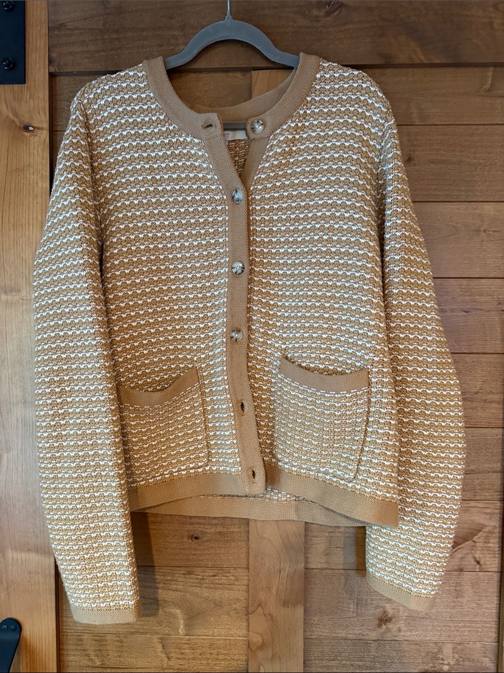 LOFT Camel and Cream Knit Button-Front Cardigan